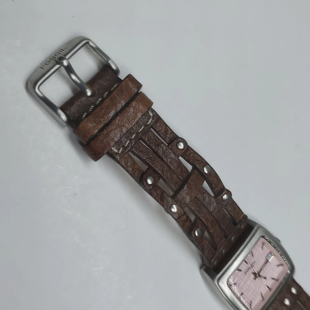 Fossil Watch JR8843 Pink Face Brown Woven Leather Band NWOT